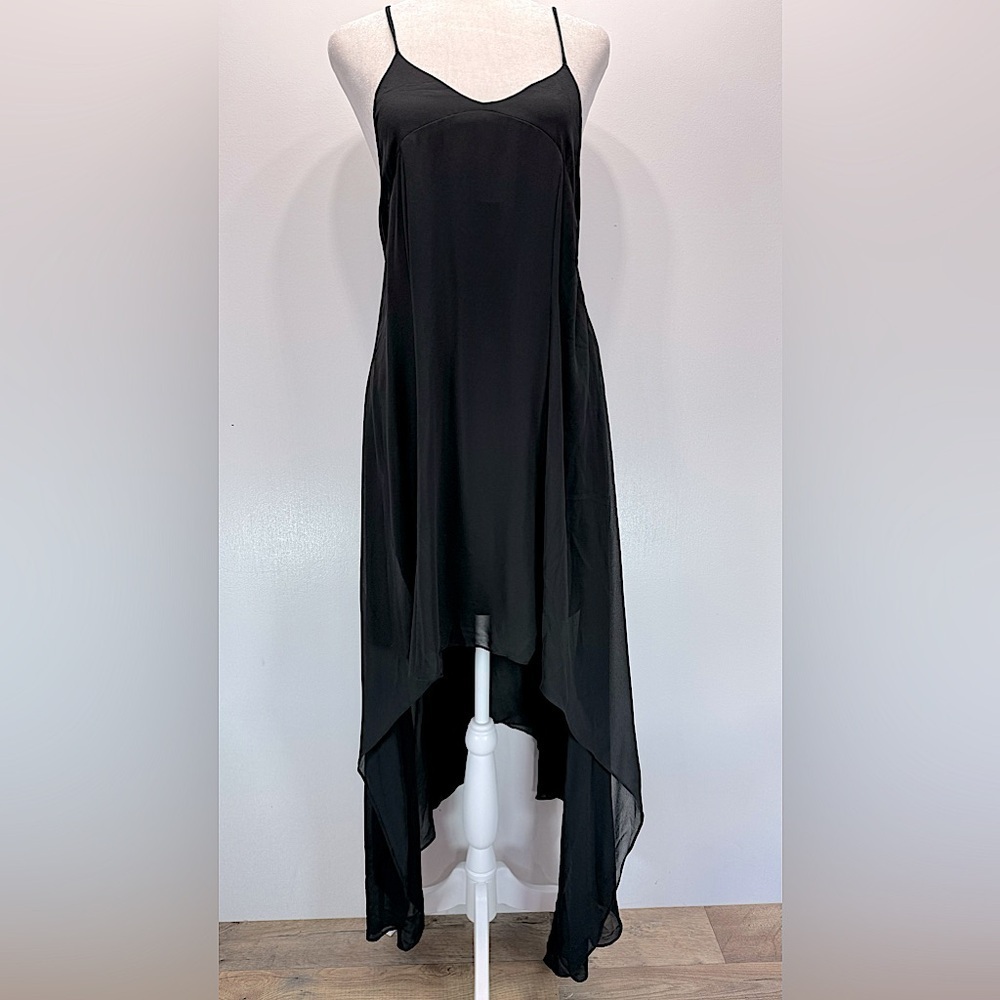 Black Slip Dress Semi Sheer Chiffon Asymmetric Hi-Lo Hem Whimsigoth Flowy NEW